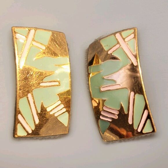 Vintage Modernist Art Deco 80s Geometric Teal Pale Pink BOTT retro post earrings - Picture 2 of 9